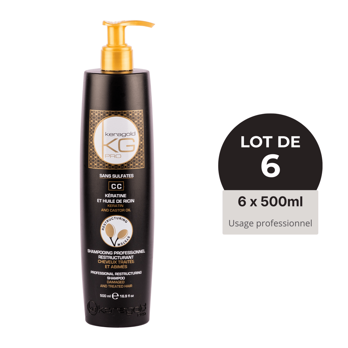 Keragold Shampoing – Kératine & Huile de Ricin – 500 ml – Colisage x6 - BEAUTEPRICE Keragold Shampoing – Kératine & Huile de Ricin – 500 ml – Colisage x6 Lot de shampoing Keragold KG PRO BEAUTEPRICE