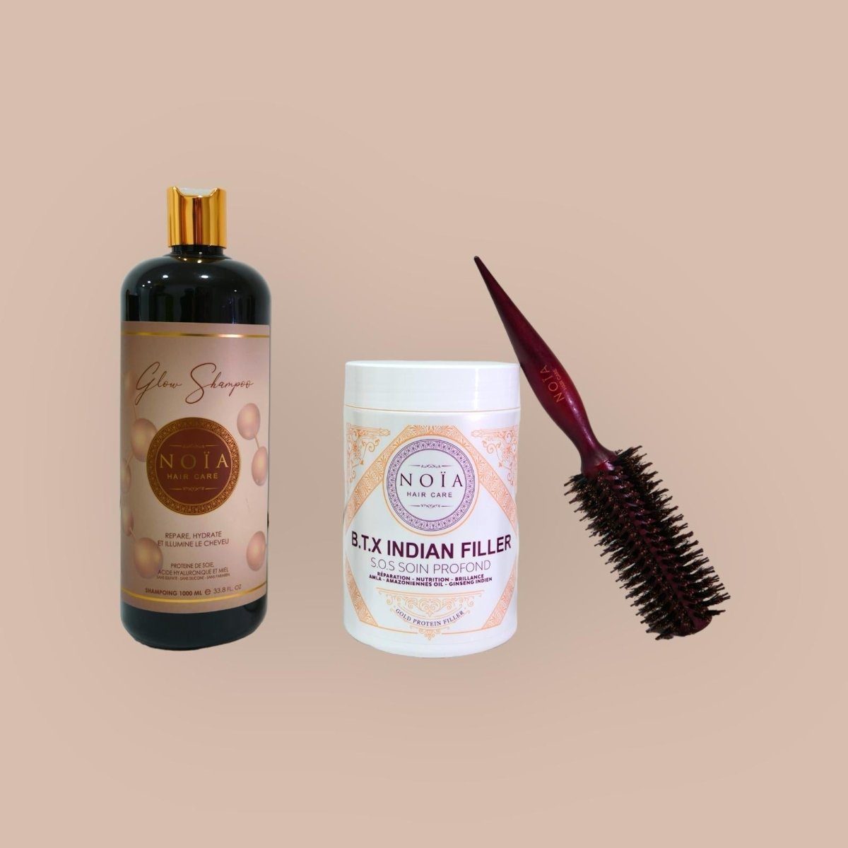 Combo shampoing Glow 1L+ BTX Indian filler 1kg+ Brosse ronde brushing - BEAUTEPRICE Combo shampoing Glow 1L+ BTX Indian filler 1kg+ Brosse ronde brushing Botox shampoing Noiahair FR BEAUTEPRICE